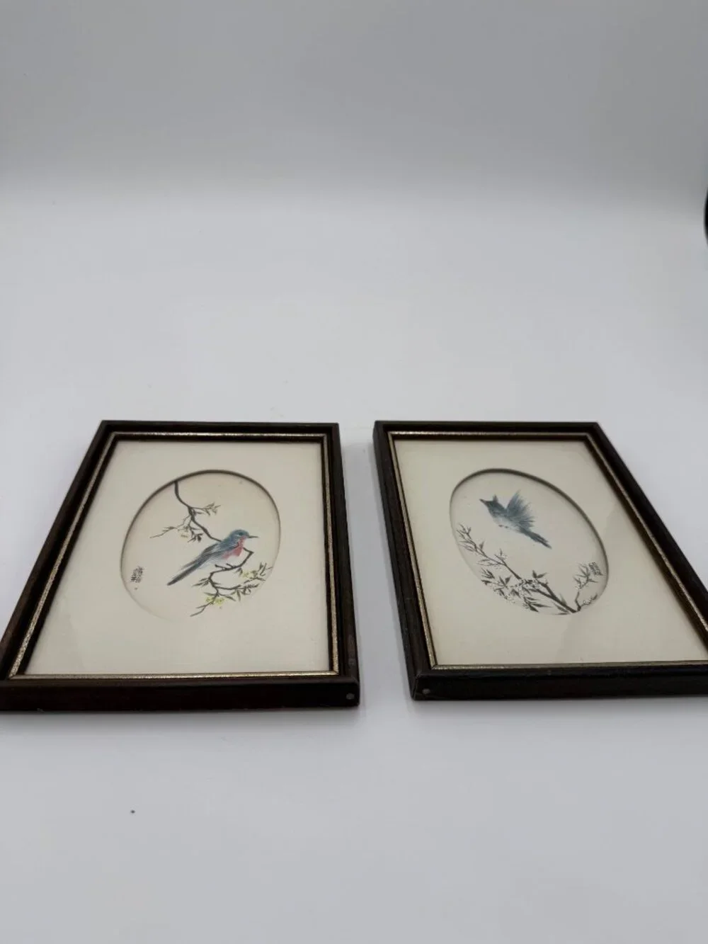 Vintage Framed Japanese Sumi-E Bird Art Prints Ingrid Hollabaugh Pair